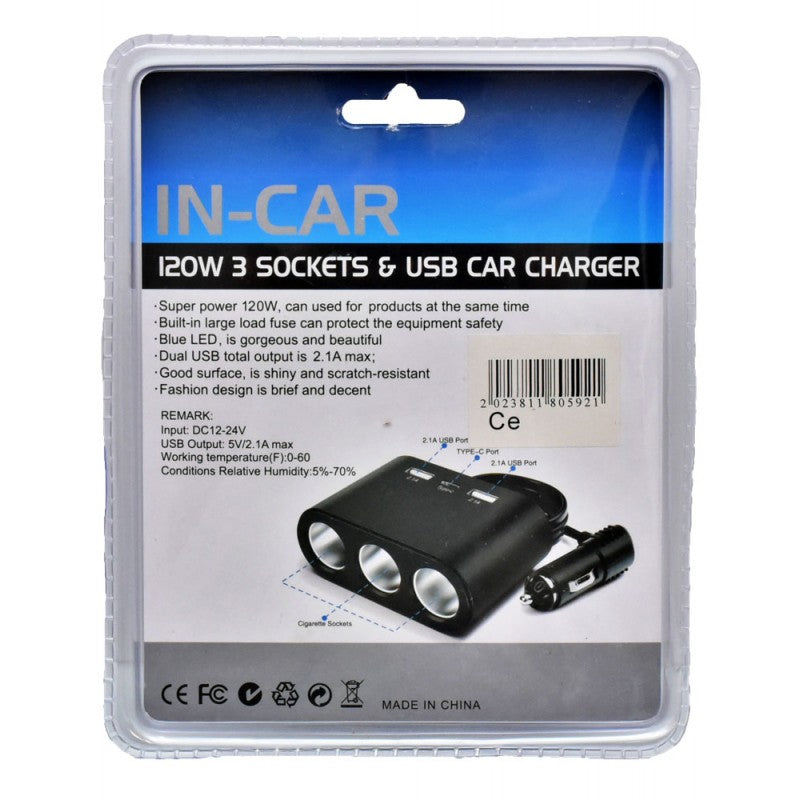 Spliter auto 120W cu 3 prize bricheta si USB, specificatii tehnice pe spatele ambalajului