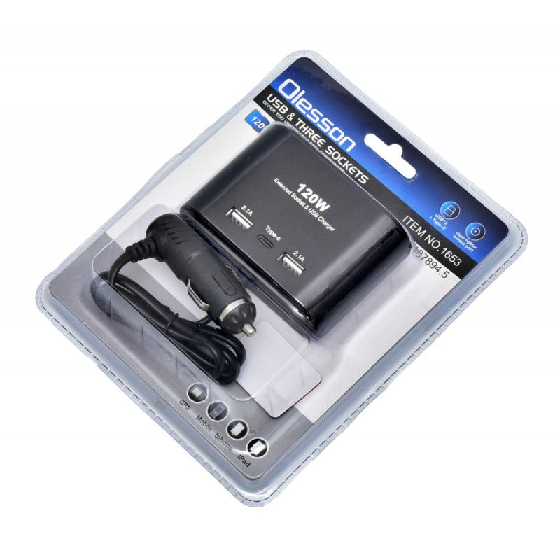 Spliter auto 120W cu 3 prize 12/24V si porturi USB, vedere de sus in ambalaj