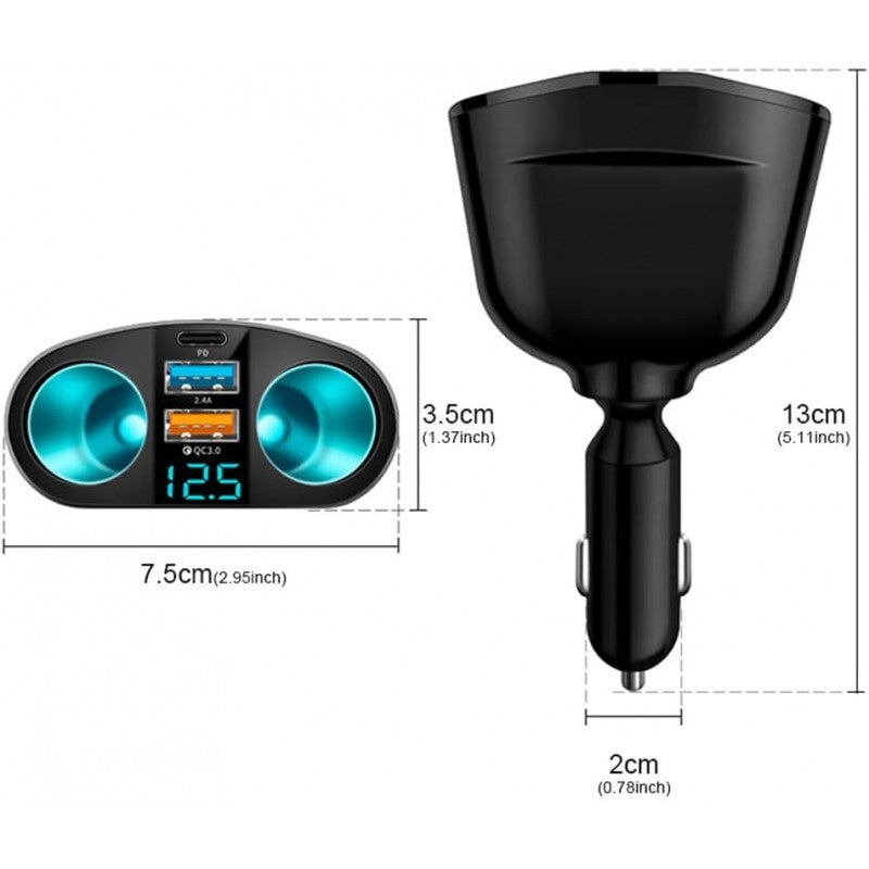 Spliter bricheta auto cu dimensiuni 7.5x3.5cm si inaltime 13cm, porturi USB si Type-C vizibile
