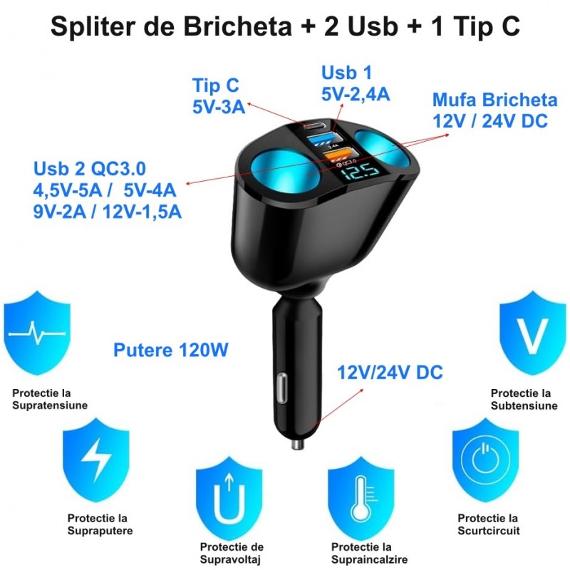 Spliter bricheta auto 120W, QC3.0 si Type-C 5V-3A, protectie supratensiune si scurtcircuit