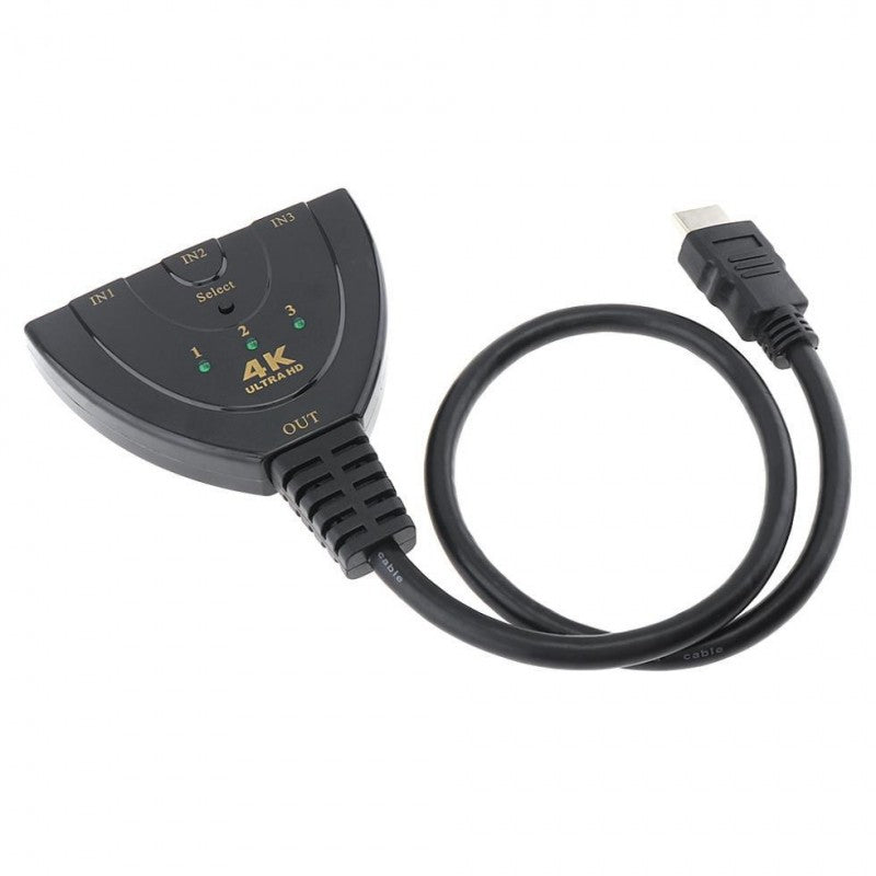 Switch HDMI 3 in 1 cu cablu 30 cm, vedere din unghi lateral, mufa aurita