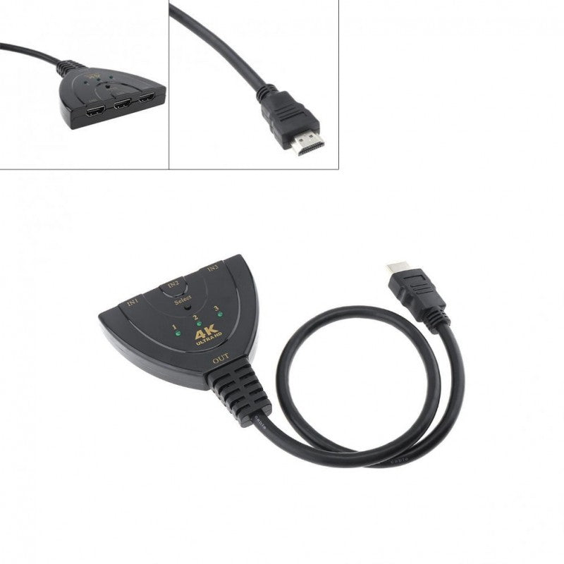 Switch HDMI 3 in 1, detaliu porturi intrare si mufa HDMI tata aurita