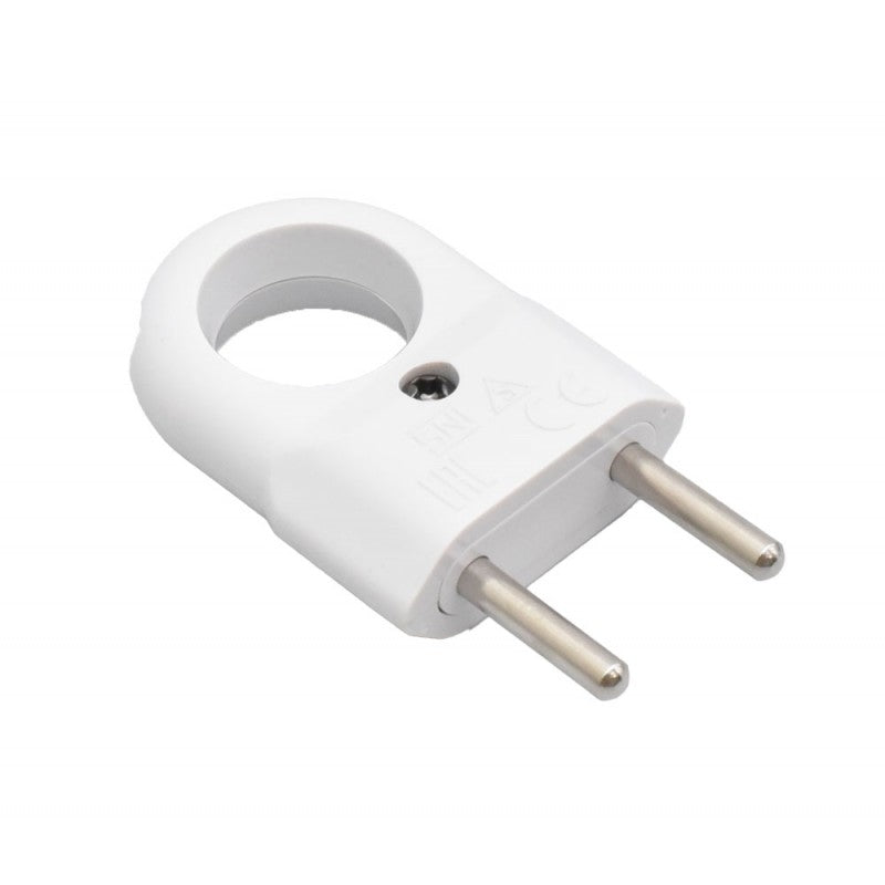 Stecher plat alb 10A cu inel ergonomic, pini metalici si surub central, vedere din unghi opus