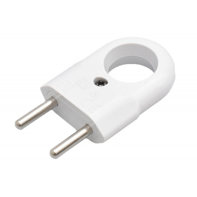 Stecher plat alb cu inel, 10A, 250V, 2300W, doua pini metalici si inel ergonomic de prindere