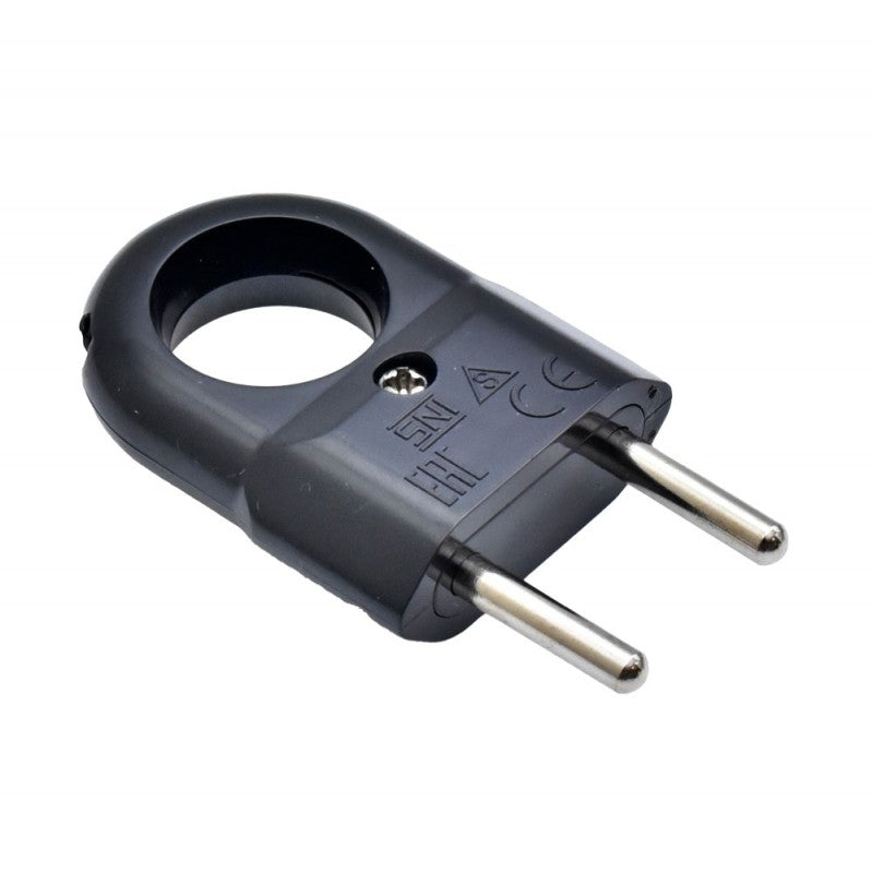 Stecher plat negru cu inel ergonomic, vedere laterala, pini metalici solizi
