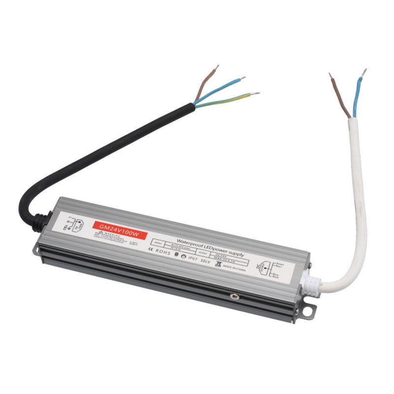 Sursa de alimentare slim 100W 24V DC, carcasa metalica IP67, cu cabluri de intrare 220V si iesire pentru benzi LED
