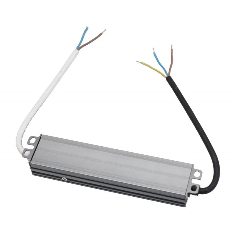 Sursa alimentare waterproof slim 24V, carcasa aluminiu compacta, vedere laterala cu cabluri alb si negru