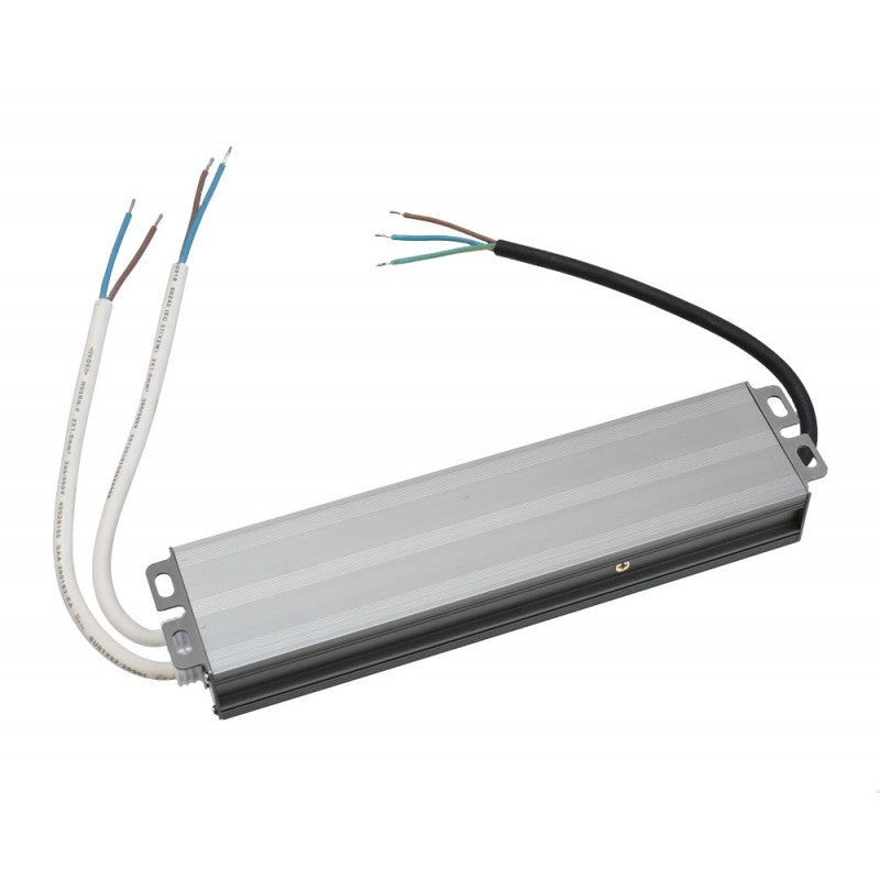 Sursa alimentare LED slim 24V IP67, vedere spate cu cabluri intrare AC si iesire DC