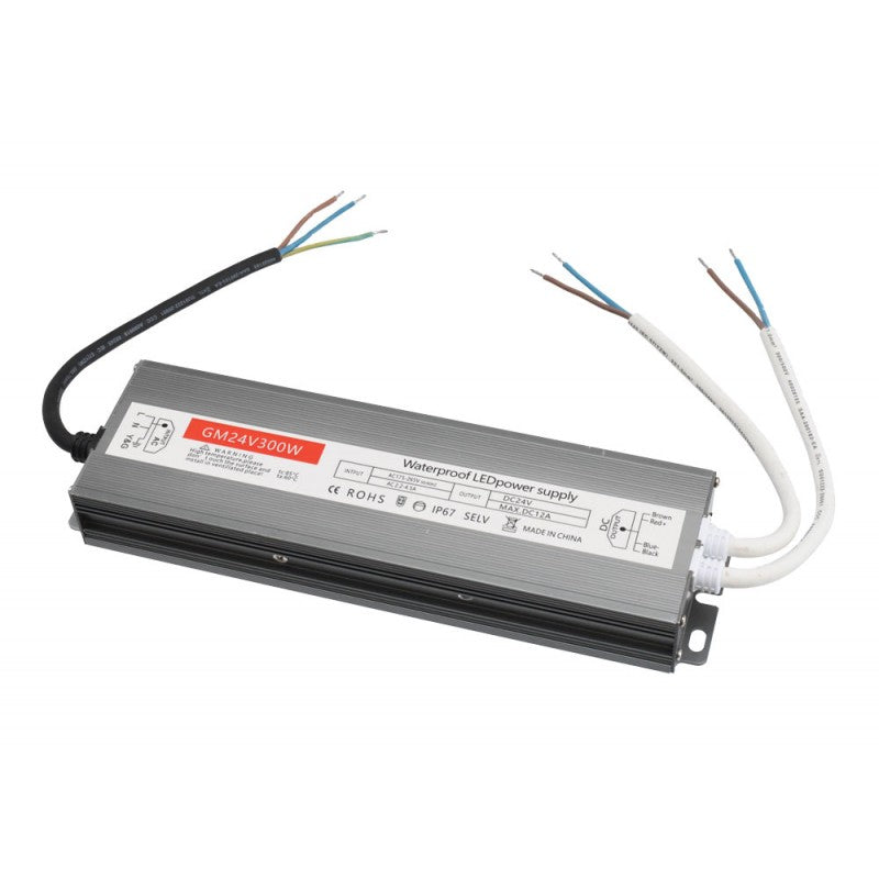 Sursa alimentare slim 300W 24V DC, carcasa metalica IP67, cu cabluri pre-atasate pentru benzi LED exterior