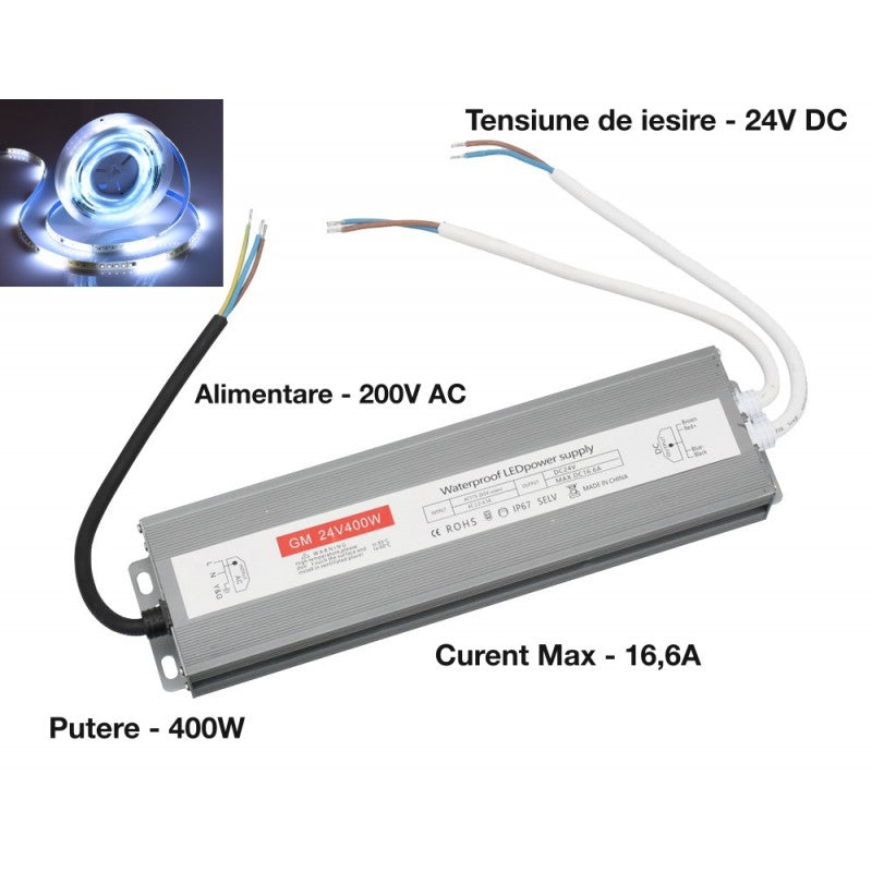 Sursa alimentare 400W 24V DC, 16.6A, compatibila cu banda LED, alimentare 220V AC
