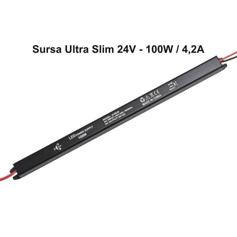 Sursa alimentare slim 100W 4.2A, profil subtire negru cu iesire 24V DC pentru benzi LED interior