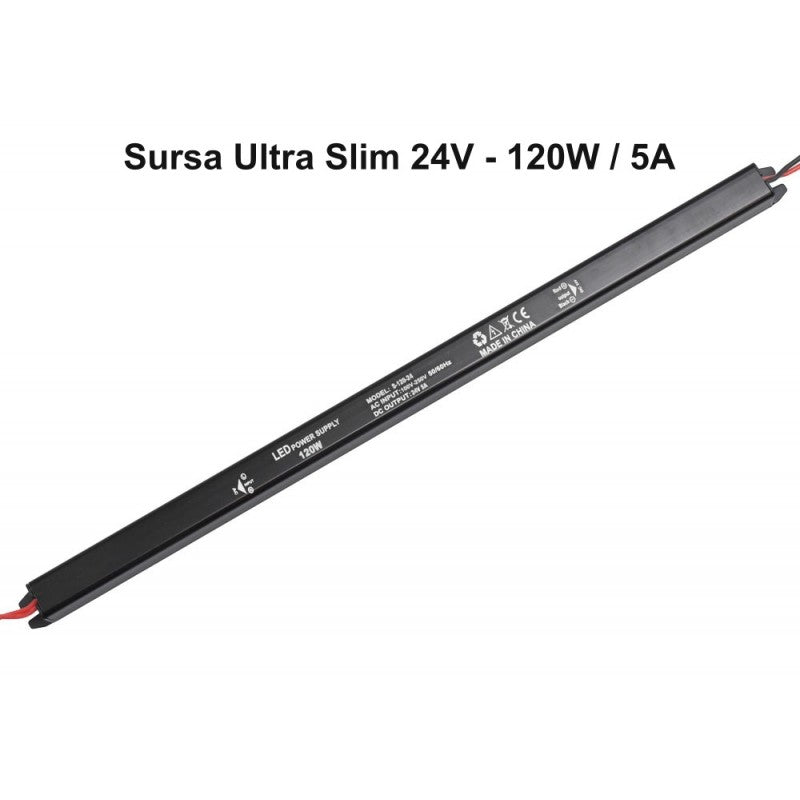 Sursa alimentare ultra slim 24V 120W, profil ingust negru cu cabluri rosii si negre de iesire
