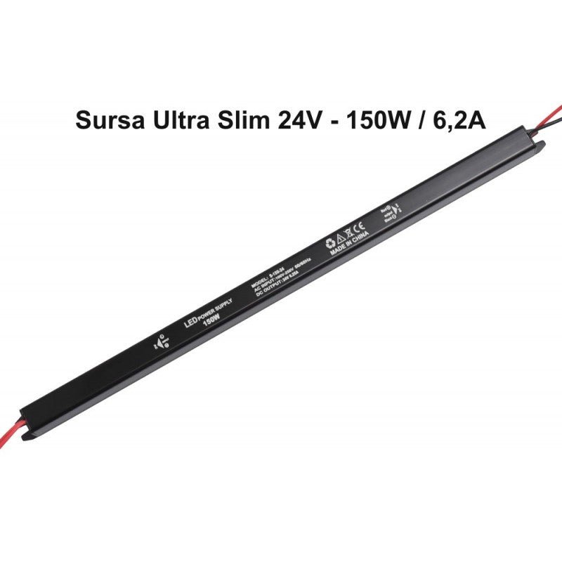 Sursa alimentare slim 150W 24V profil subtire negru cu iesire cabluri rosii si negre