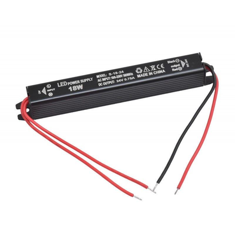 Sursa alimentare ultra slim 18W 24V 0.75A, carcasa neagra din aluminiu cu cabluri de intrare si iesire, IP20