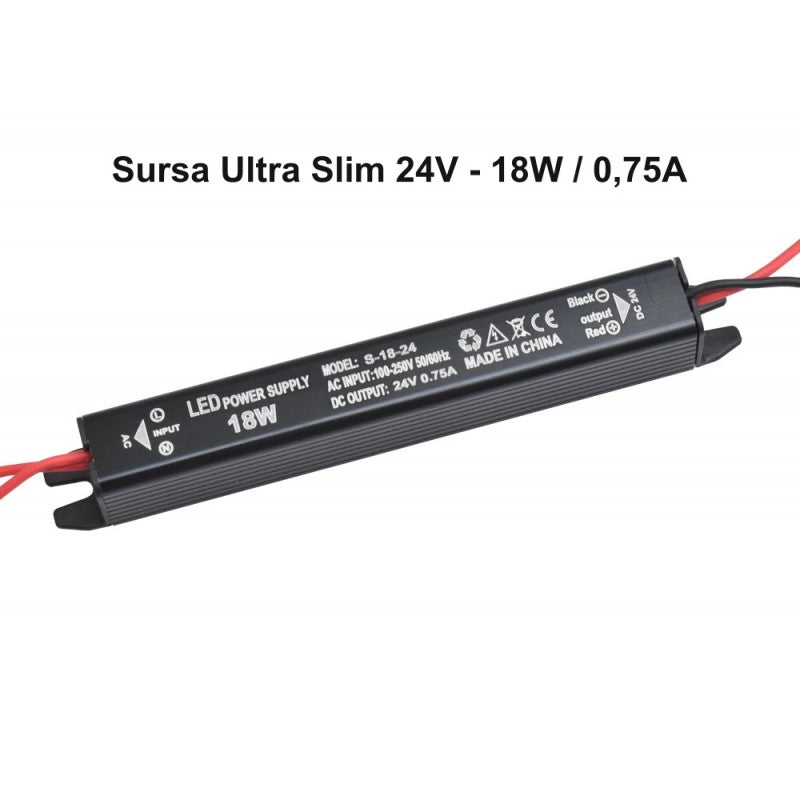 Sursa alimentare LED ultra slim 24V 18W, profil compact negru cu cablu rosu si negru, vedere laterala