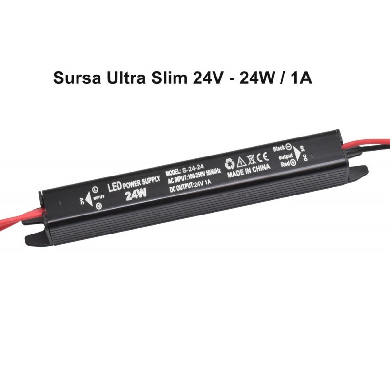 Sursa alimentare LED ultra slim 24W 24V, profil subtire negru cu cabluri rosii si negre vizibile