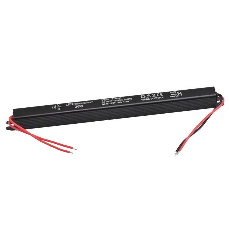 Sursa alimentare ultra slim 36W 24V 1.5A, carcasa neagra din aluminiu, IP20, cu cabluri de conectare