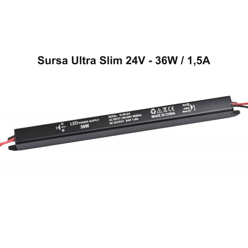 Sursa alimentare LED ultra slim 36W 24V, profil compact negru, vedere laterala cu inscriptionare tehnica
