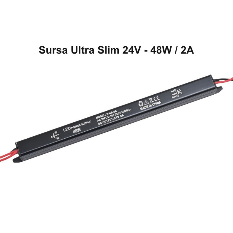 Sursa alimentare LED ultra slim 48W 24V, profil negru subtire cu cabluri de conectare