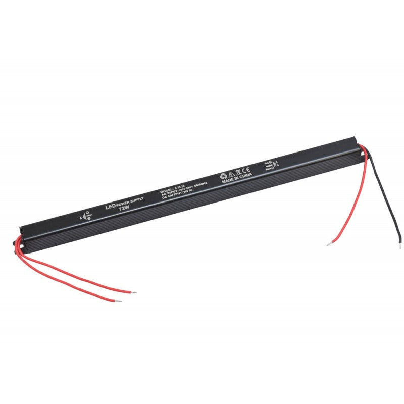 Sursa alimentare ultra slim 72W 24V 3A IP20, carcasa neagra din aluminiu cu fire de conectare rosii si negre