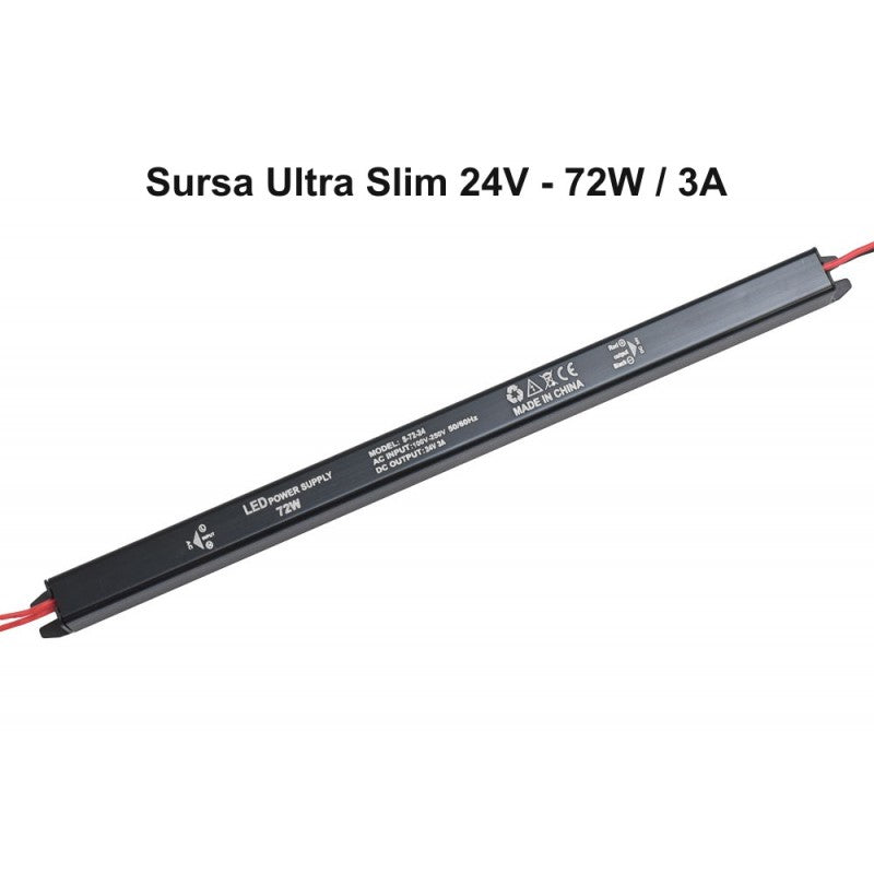Sursa alimentare banda LED ultra slim 72W 24V, profil negru subtire cu cabluri vizibile