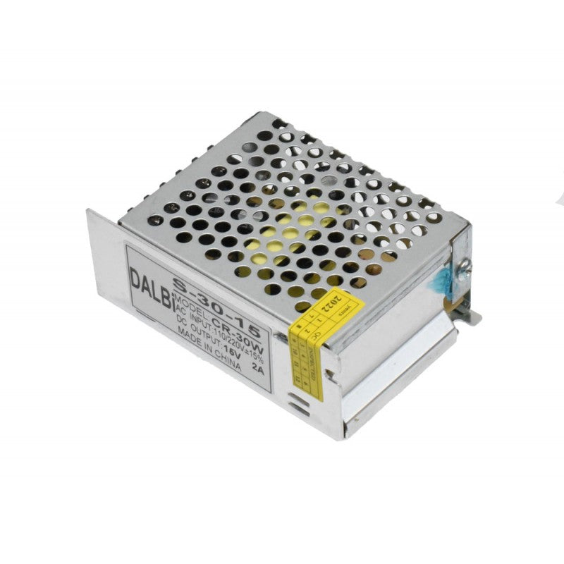 Sursa de alimentare 30W 15V 2A, vedere laterala cu eticheta tehnica si carcasa metalica compacta