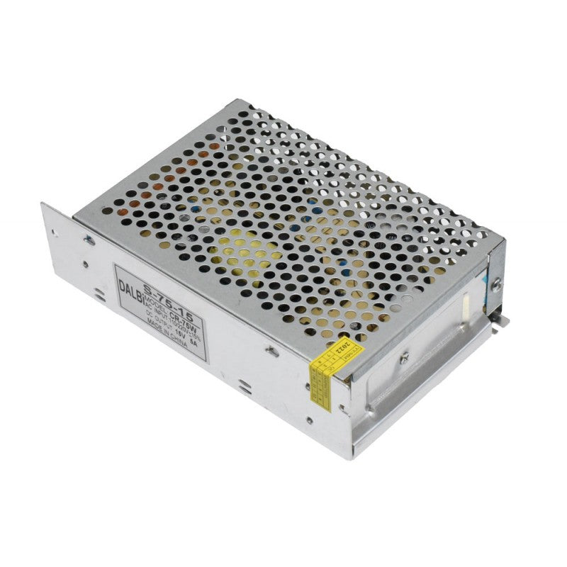 Sursa alimentare 15V 5A, eticheta tehnica vizibila pe carcasa metalica slim perforata