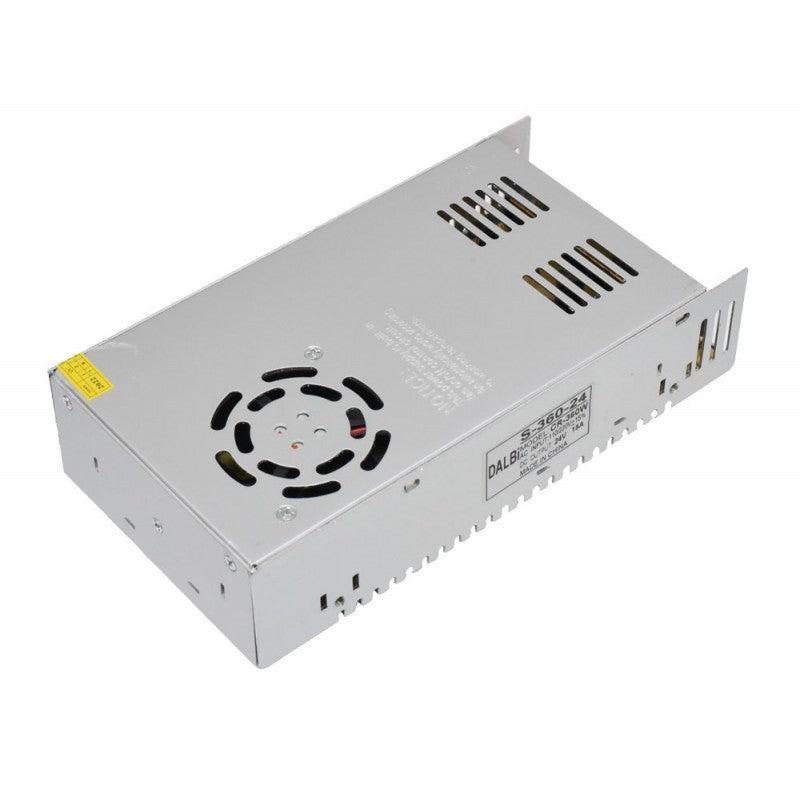 Sursa alimentare metalica 360W 24V, vedere laterala cu grile ventilatie si eticheta tehnica