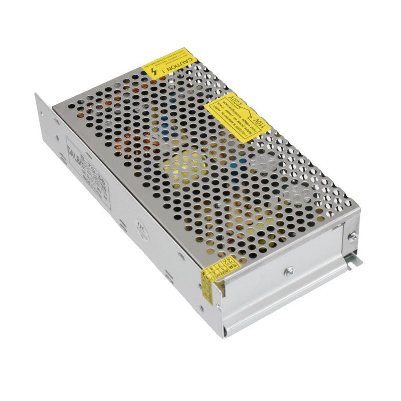 sursa alimentare 70W 36V, vedere lateral-superioara, carcasa metalica ventilata cu etichete avertizare