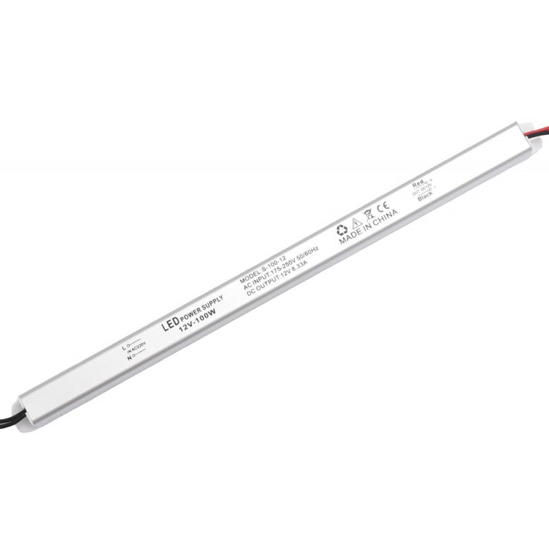 Transformator LED slim 12V 100W, profil subtire 18mm, conectori cablu rosu-negru