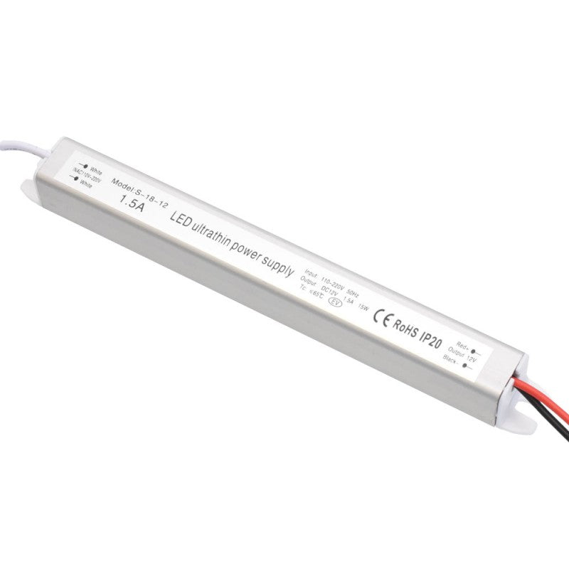 Sursa alimentare slim 12V DC, vedere laterala cu eticheta tehnica si cabluri de conectare rosie si neagra