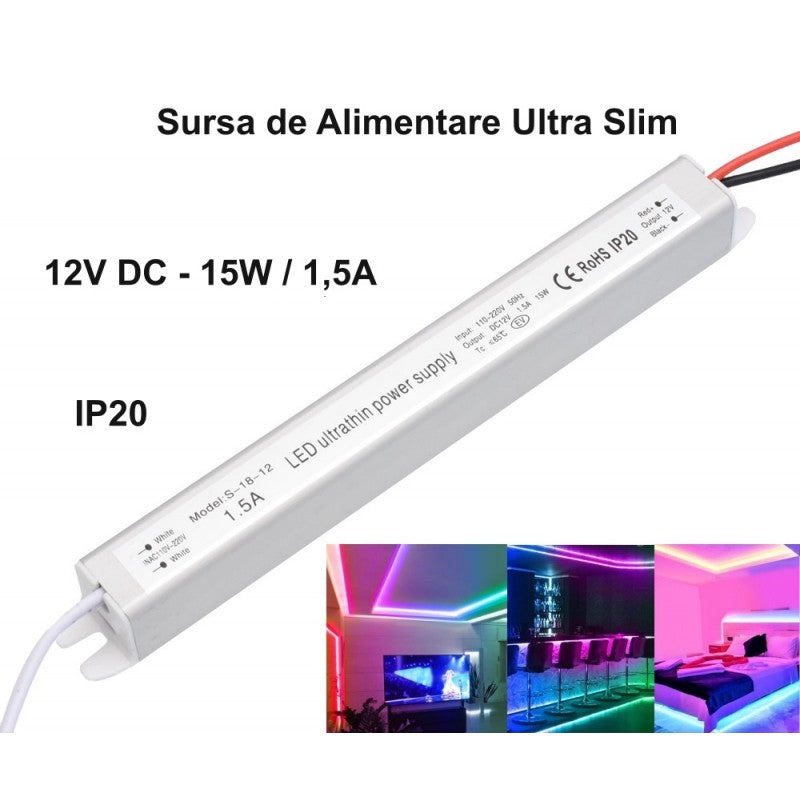 Sursa alimentare ultra slim 12V 15W 1.5A IP20 cu specificatii tehnice si exemple aplicatii banda LED