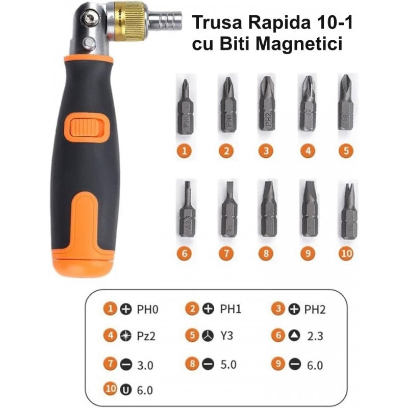 Trusa rapida 10 in 1 cu biti magnetici detasabili, tipuri PH, Pz, slot si triunghiular incluse