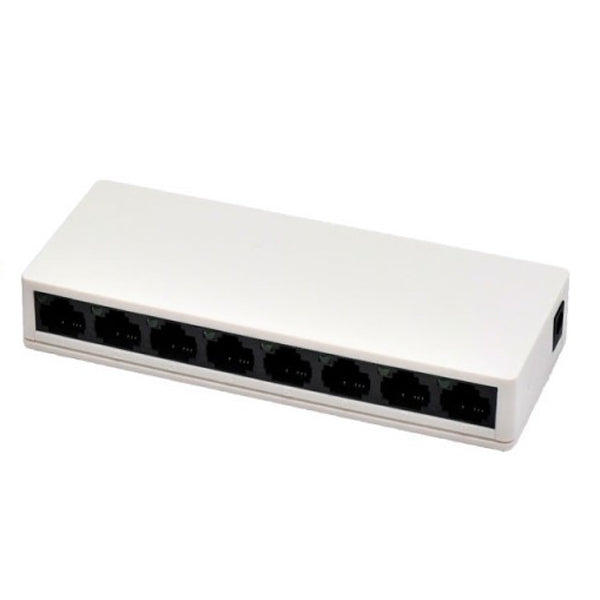 Switch retea 8 porturi 10/100Mbps, format compact de birou, plug-and-play, carcasa alba cu porturi RJ45