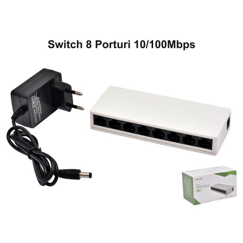 Switch retea 8 porturi 10/100Mbps cu adaptor de alimentare inclus si cutia de ambalaj