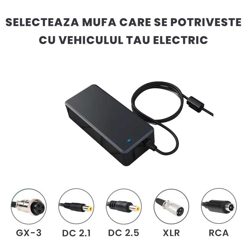 Incarcator trotineta 72V cu 5 tipuri de mufe compatibile: GX-3, DC 2.1, DC 2.5, XLR, RCA