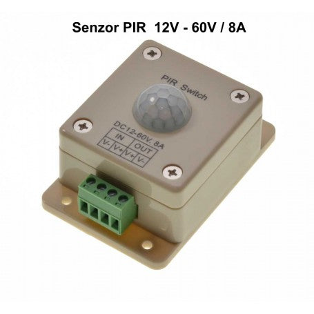 Senzor PIR switch 12V-60V 8A vedere frontala cu eticheta specificatii tehnice
