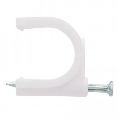 Clema cu cui 10mm, vedere laterala, design arc rotunjit alb cu cui metalic