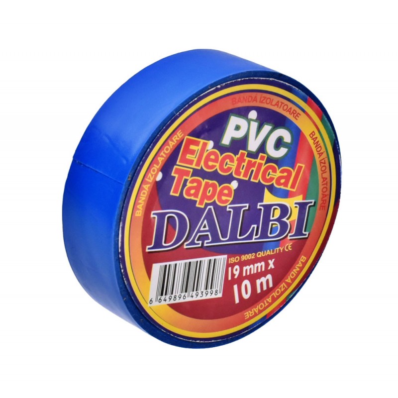 Banda izolatoare PVC albastra 19mm x 10m, vedere laterala rola cu eticheta