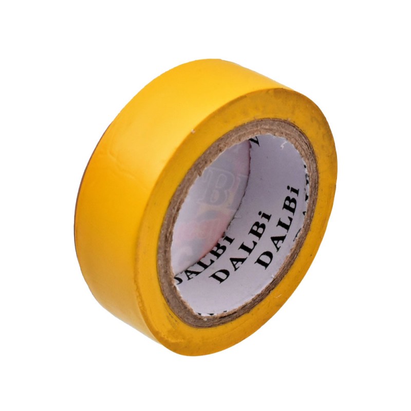 Rola banda izolatoare galbena PVC desfasurata partial, miez carton vizibil