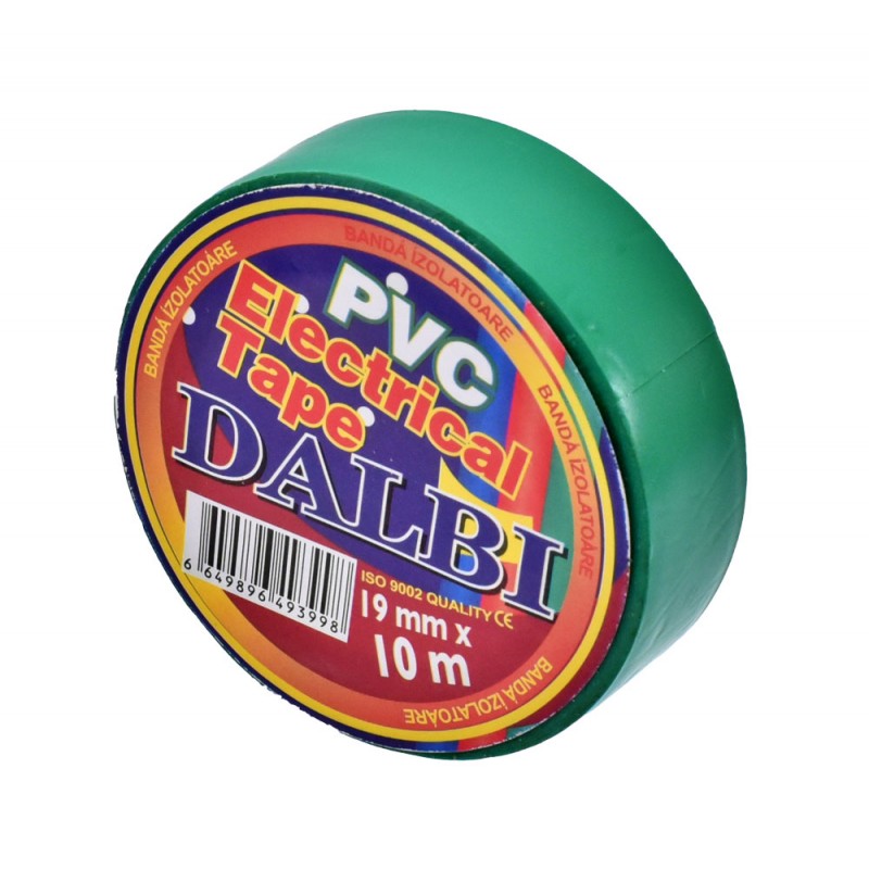 Banda izolatoare PVC verde 19mm, vedere laterala cu eticheta detaliata