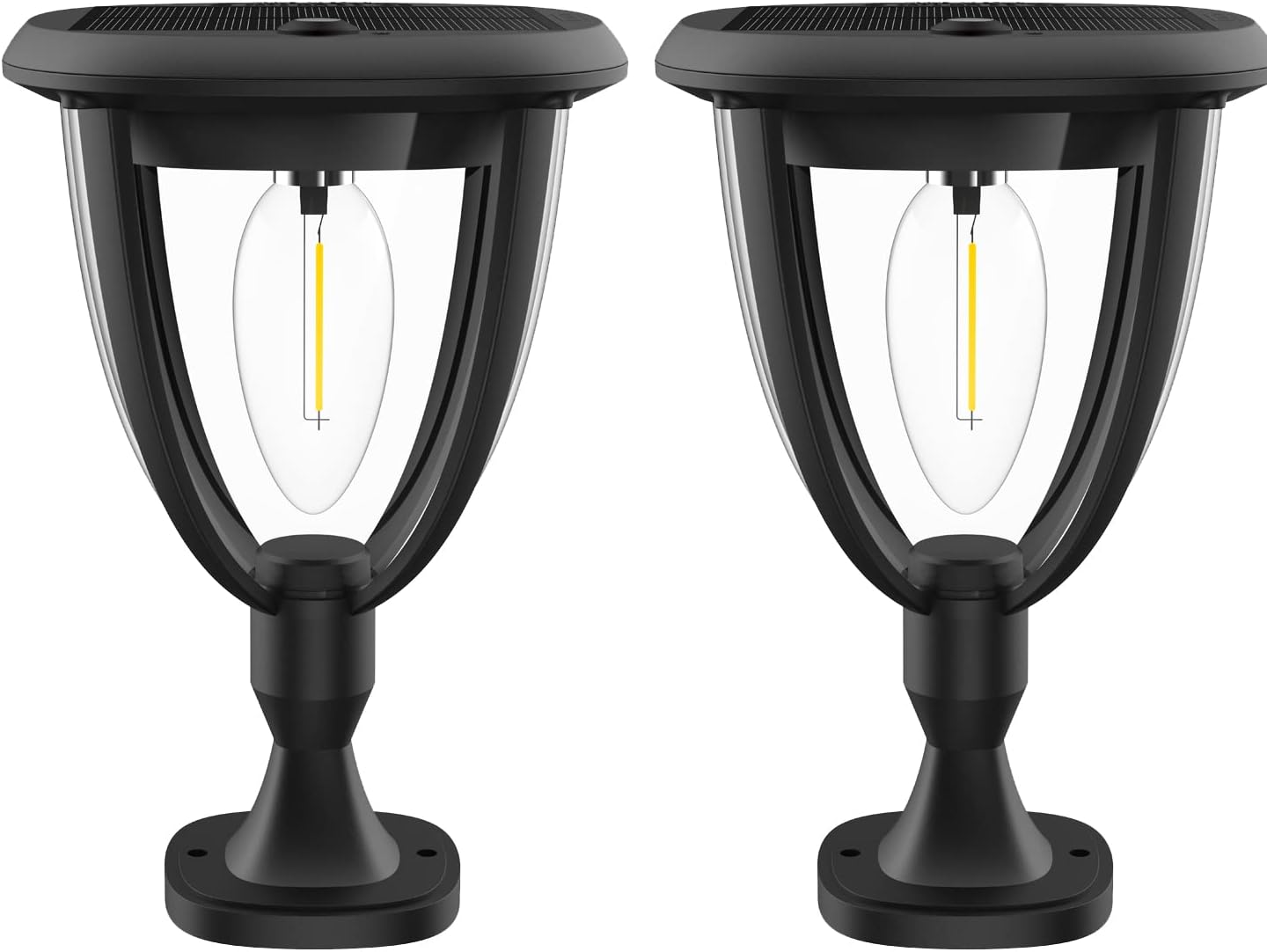 Lampa solara de exterior pe soclu, set 2 bucati, design felinar clasic cu bec COB vizibil