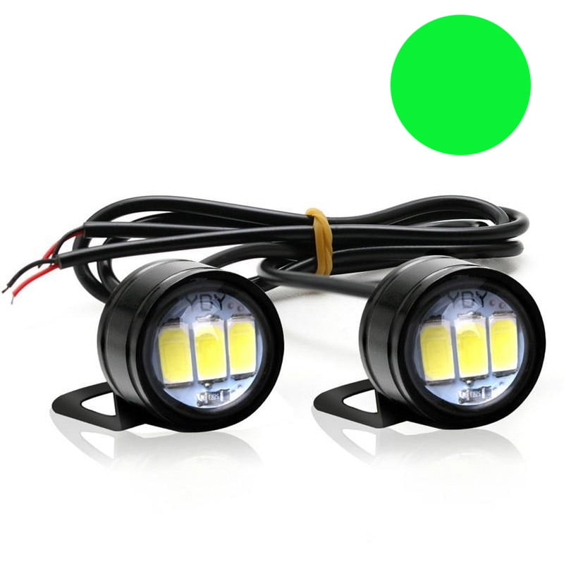 Set 2 proiectoare LED auto moto 9W verde, diametru 23mm, vedere din fata cu chip LED vizibil