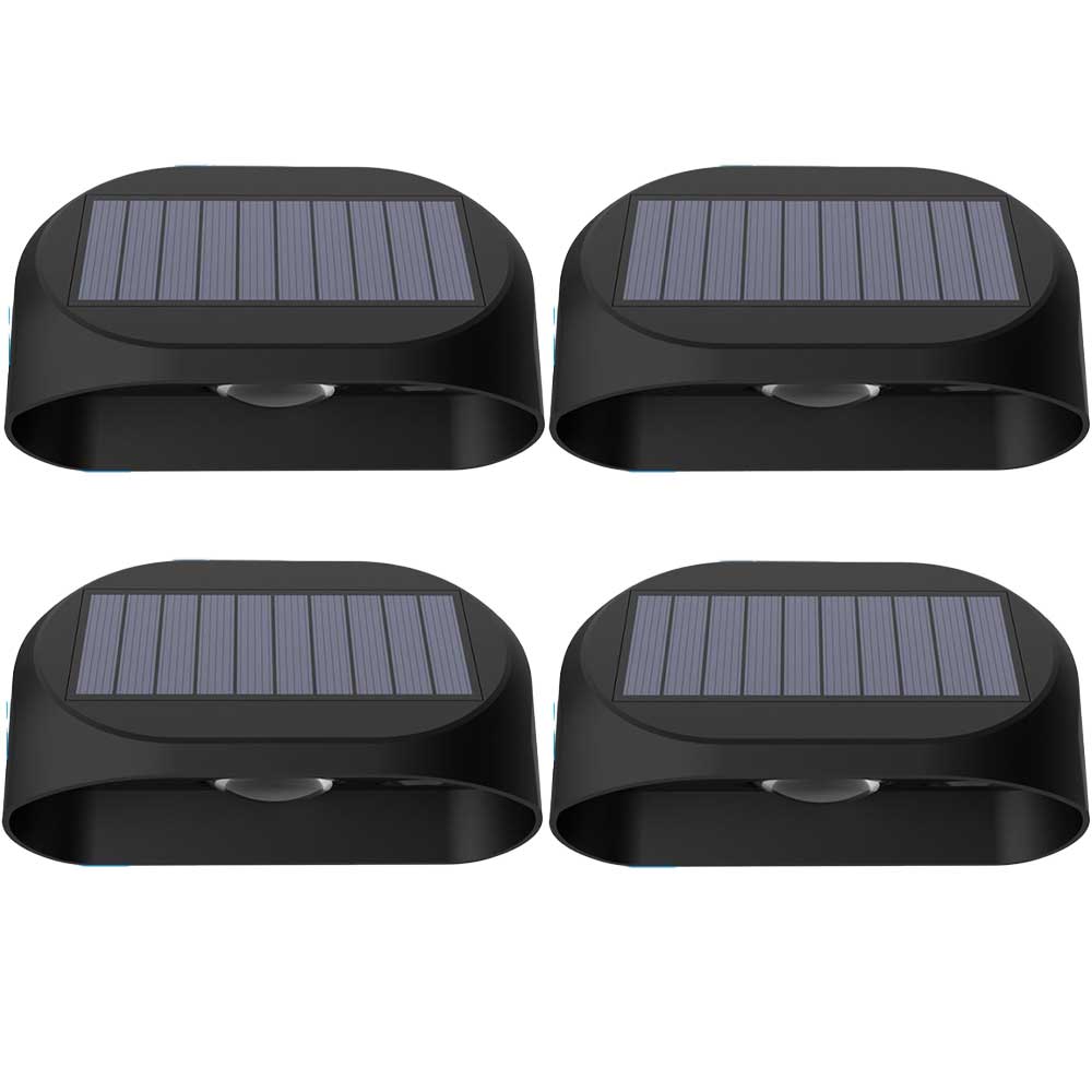 Set 4 lampi solare de perete exterior RGBW, 60 lumeni, IP54, montaj pe gard sau fatada, corp negru compact