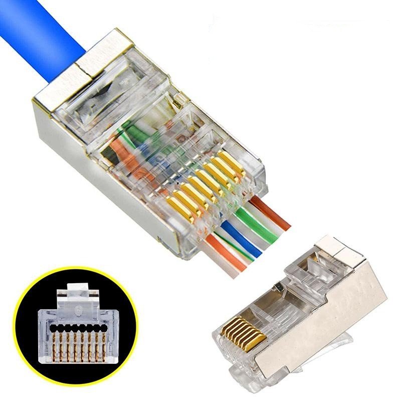 Mufa RJ45 FTP Cat6E cu design pass-through, vedere laterala cu conductori colorati vizibili prin corp transparent