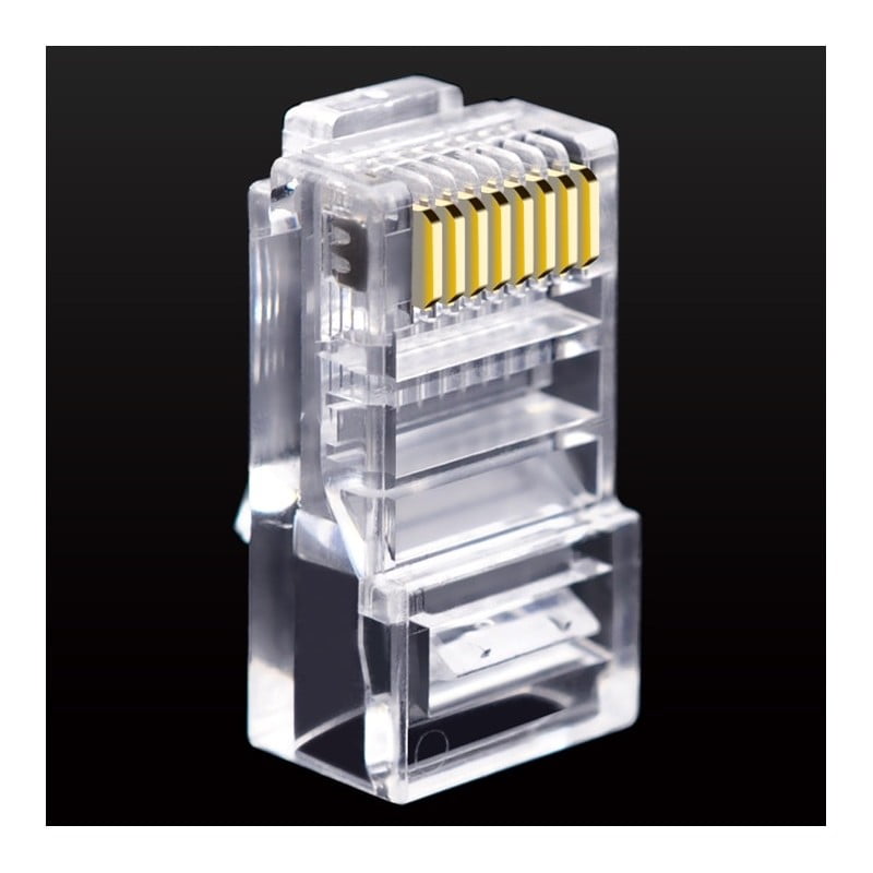 Mufa RJ45 CAT6 transparenta, vedere frontala cu contacte aurite vizibile, corp policarbonat rigid