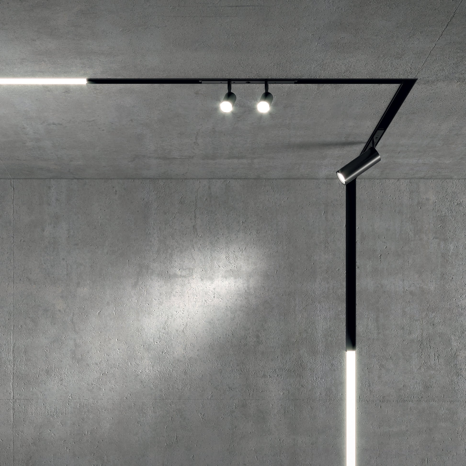 Sistem liniar LED magnetic montat incastrat in tavan, combinat cu spoturi, efect luminos pe perete de beton