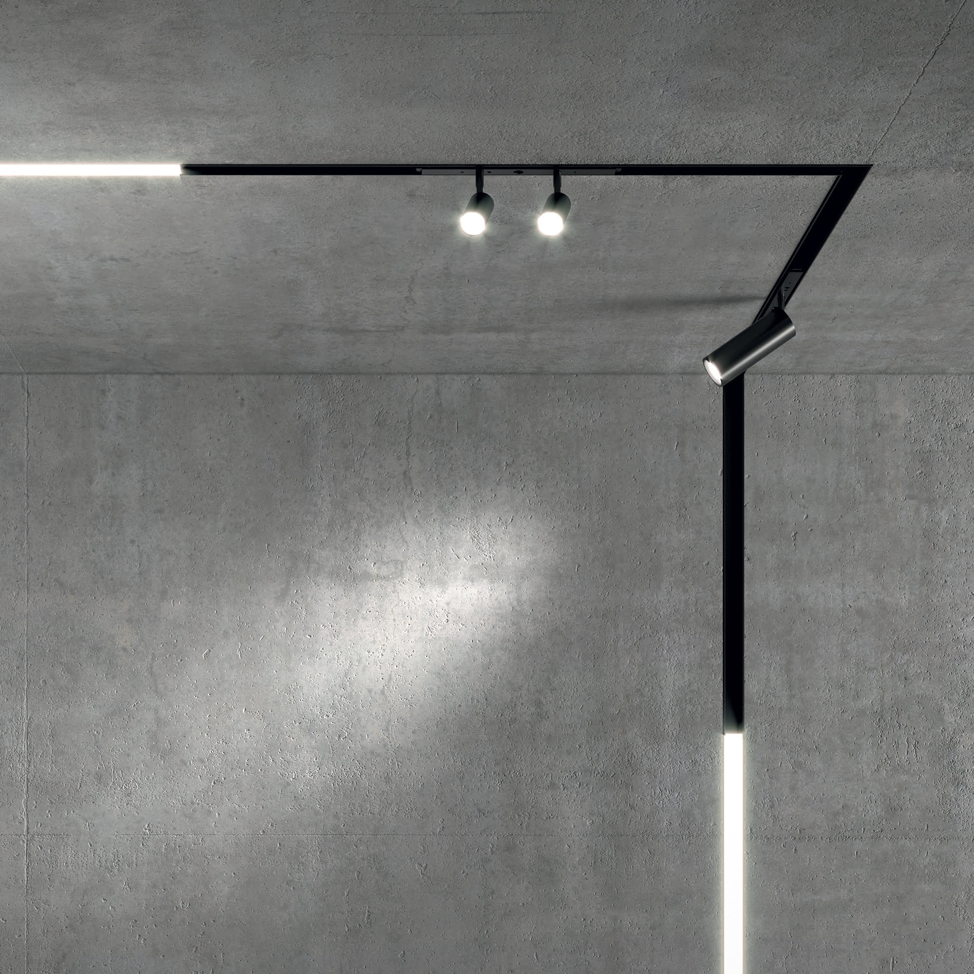 Sistem liniar LED magnetic montat incastrat in tavan, combinat cu spoturi, efect luminos pe perete de beton