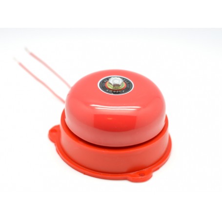 Sonerie alarma rosie 220V, vedere laterala, baza cu gauri de prindere pentru montaj pe perete