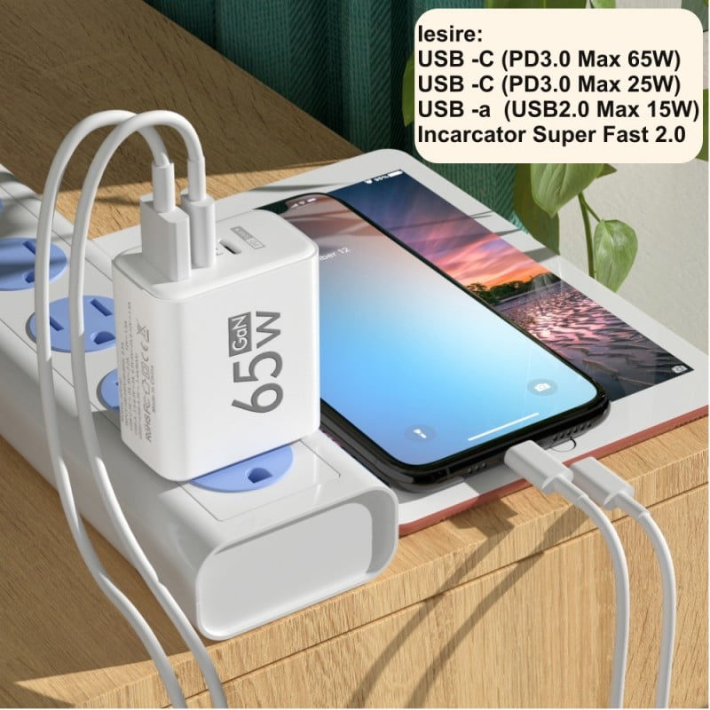 Incarcator GaN 65W in uz, 3 porturi active simultan, Super Fast 2.0, conectat la telefon si priza